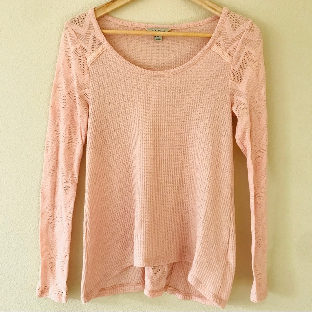 Lucky Brand Scoop Neck Long Sleeve Crochet Lace Waffle Knit Pink Size Medium
